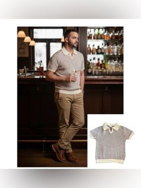 Oxknit sweater mens jacquard cream pink burgundy size small 60s small